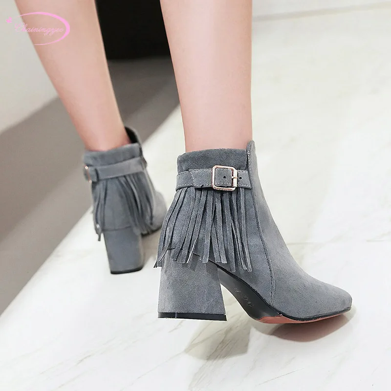 

Chainingyee casual style round head autumn ankle boots fashion fringe belt buckle high heel thick riding boots women's shoes