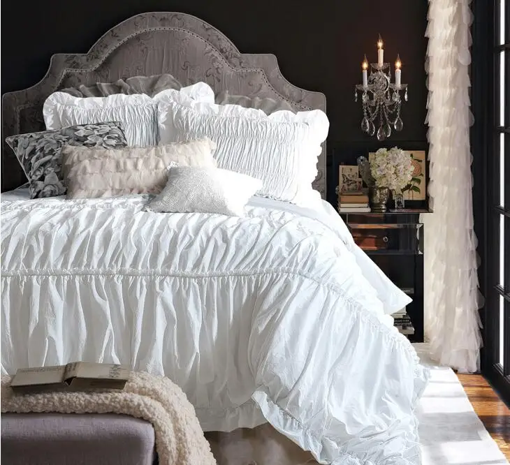 Pure white princess drape style100 cotton lace edge 4 pcs bedding set