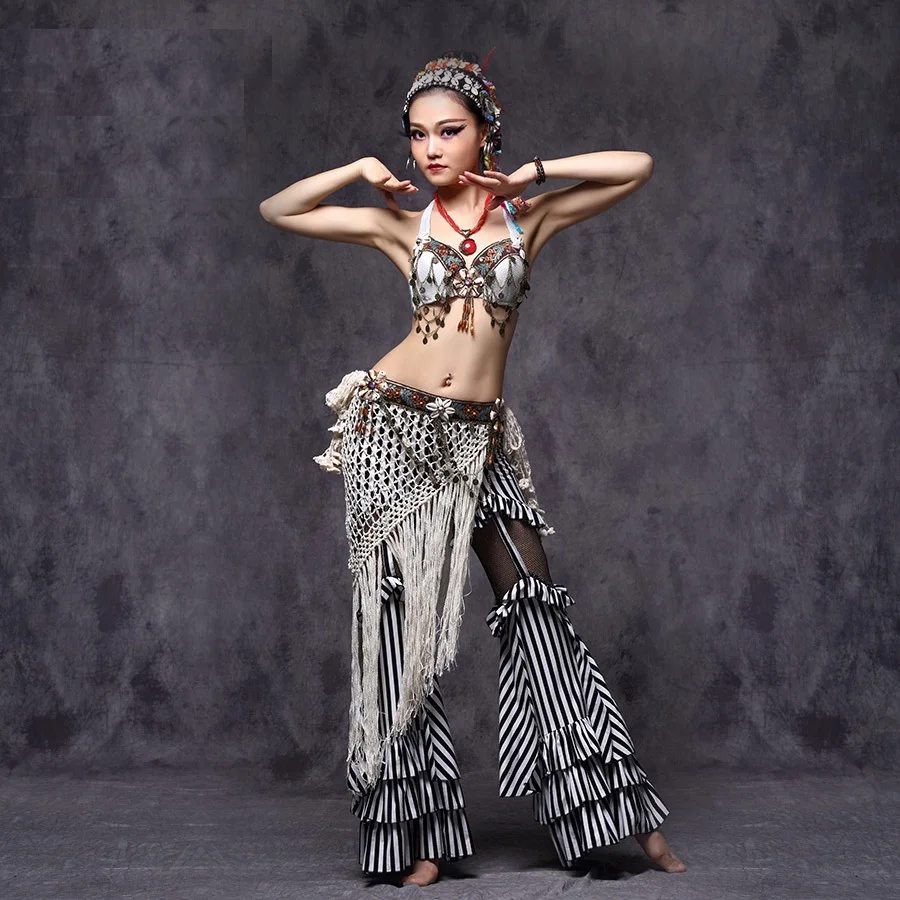 

Luxury Tribal Style Belly Dance Costumes Bra Top+Long Pants+Hip Belt 3pcs full set Professional Performance Dancewear CZ006