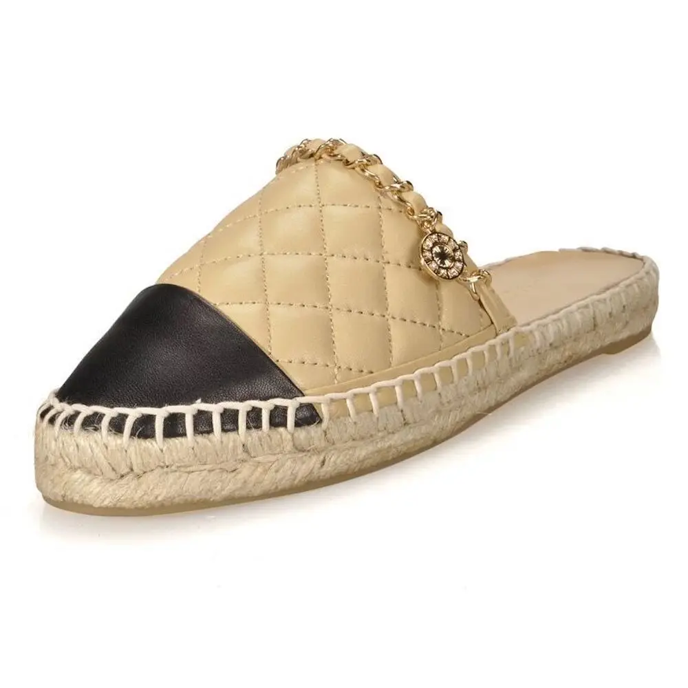 

Women's Slippers Brand Slip-on Mules Mixed Color Flats Round Toe Hand-sewn Genuine Leather Slippers Outside Rhombic Shoes