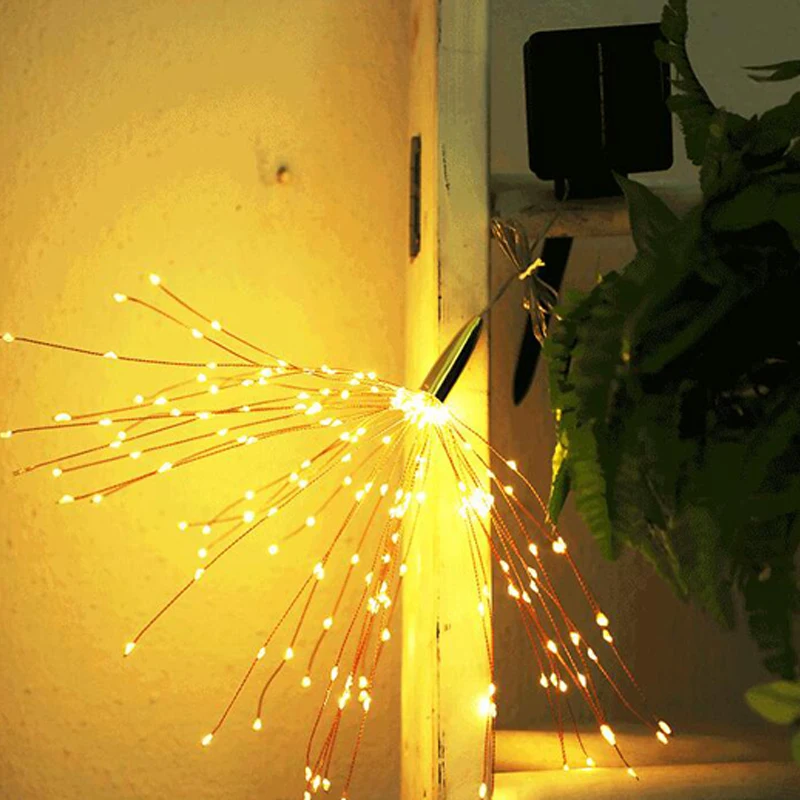 Jardim ao ar Luzes de Fadas Fogos de Artifício Luz da Corda Solar Livre Pendurado Starburst Fada Natal Ano Novo Iluminação 200 Led Luz 14 Lâmpadas solares