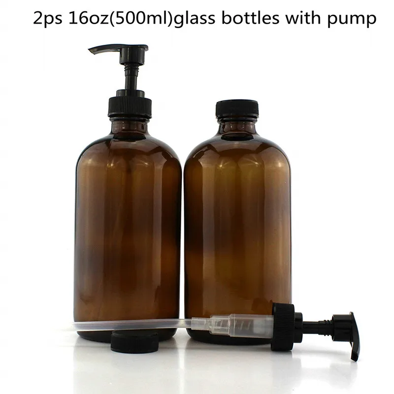 

16-Ounce Amber Glass Bottles W/Pump Dispensers (2-Pack); Refillable Lotion Liquid Soap Pump Brown Bottles BPA-Free Plastic Tops