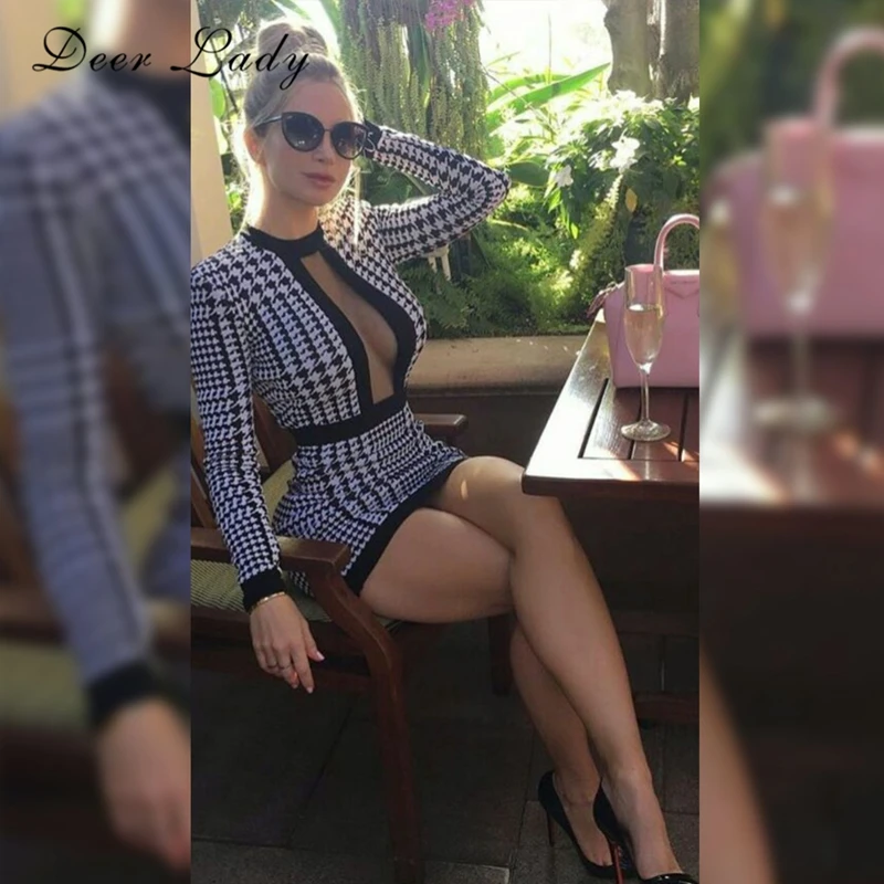 Deer Lady 2018 Summer Dress Women Sexy Mesh Patchwork Plaid Bandage Dress O-Neck Long Sleeve Bandage Party Dress High Quality