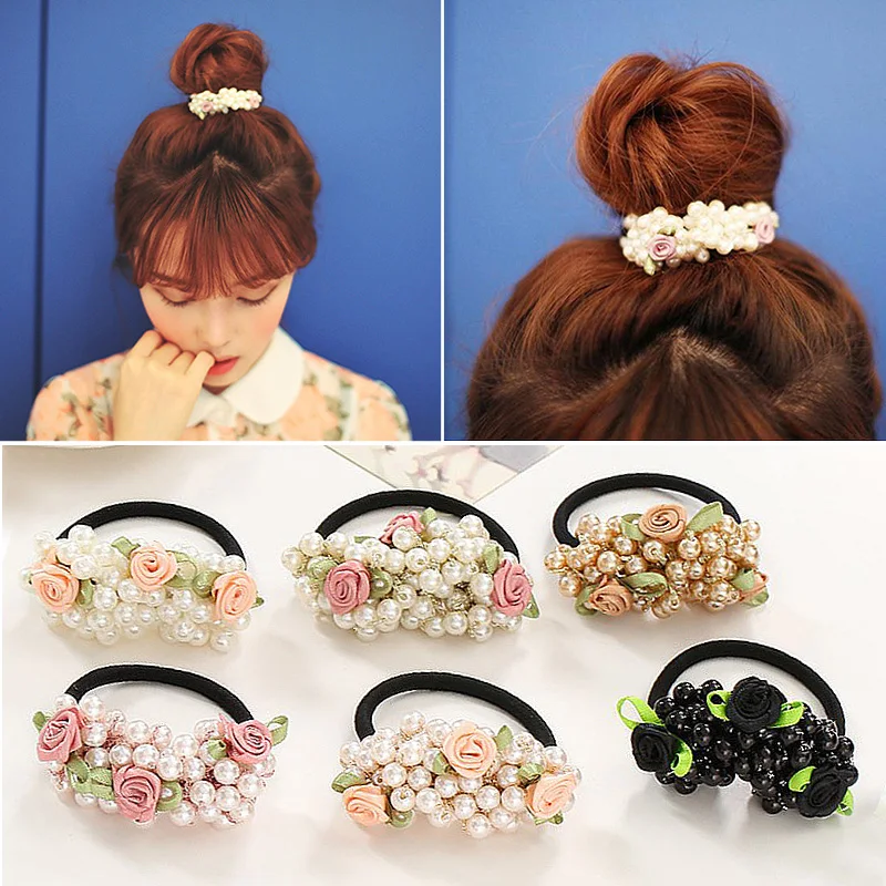 Women Elegant Korean Rubber Hair Ties Band Bead Flowers Pearl Elastic