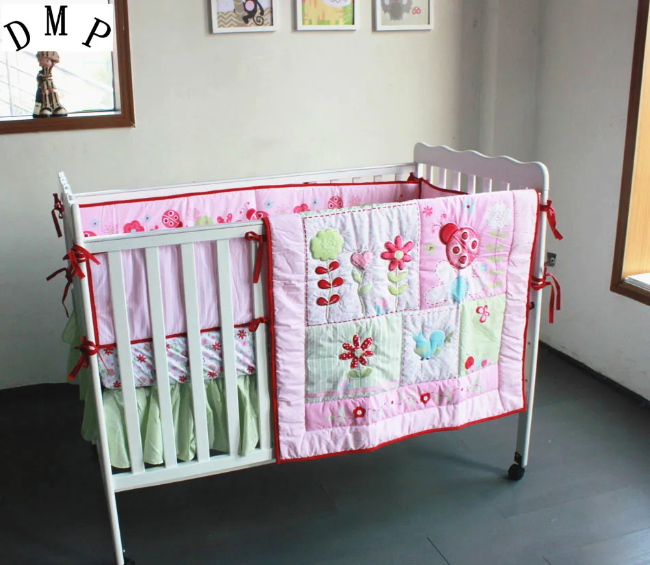 

Promotion! 4pcs embroidered Cot Sets Many Patterns Baby Bedding Set Cute Baby Bed Set ,include(bumper+duvet+bed cover+bed skirt)