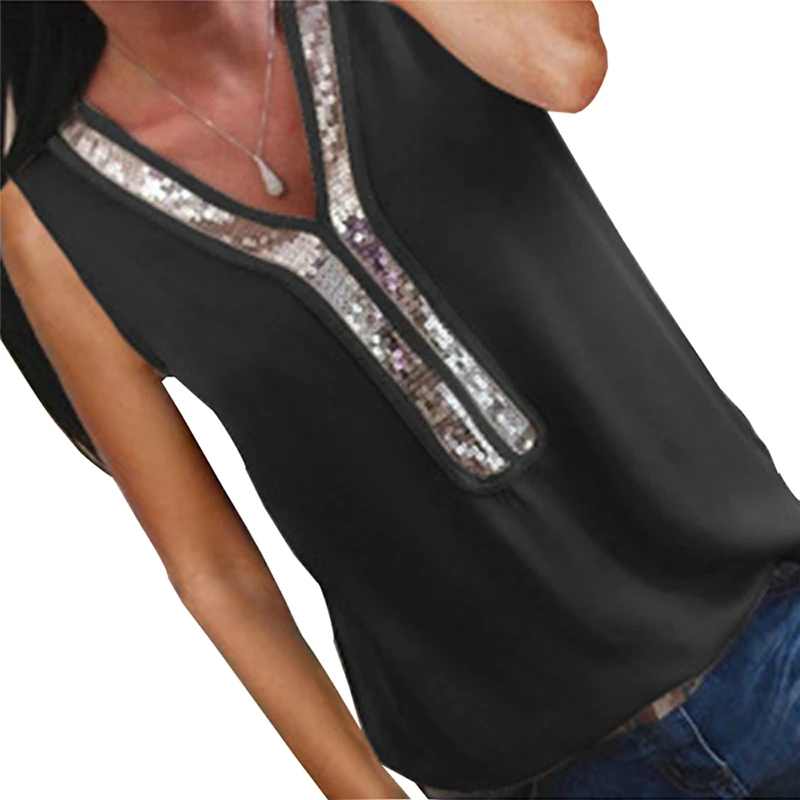 Новинка, женская шифоновая блуза с блестками, корейская мода, без рукавов, Женская Повседневная шифоновая блузка с v-образным вырезом, рубашка, женский топ, 6 цветов, S-2XL