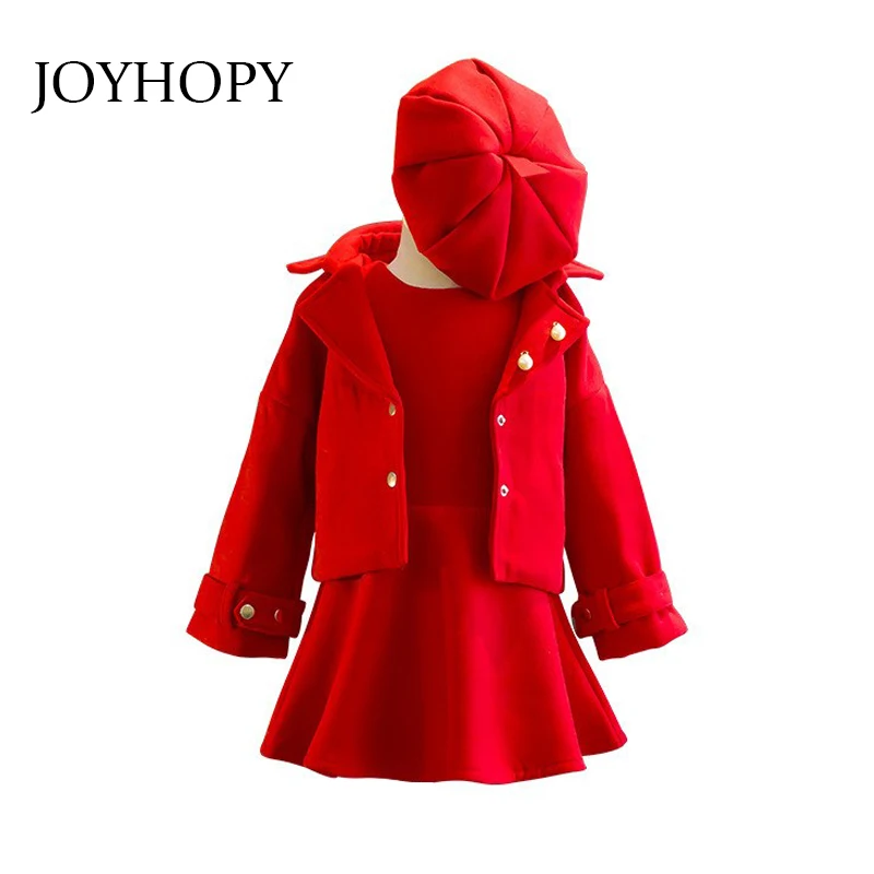 

JOYHOPY Children Clothing Set Autumn Winter Infant Baby Kids Girls Clothes Set 3PCS Coat+Sleeveless Dress+Hat woolen Kids Suit