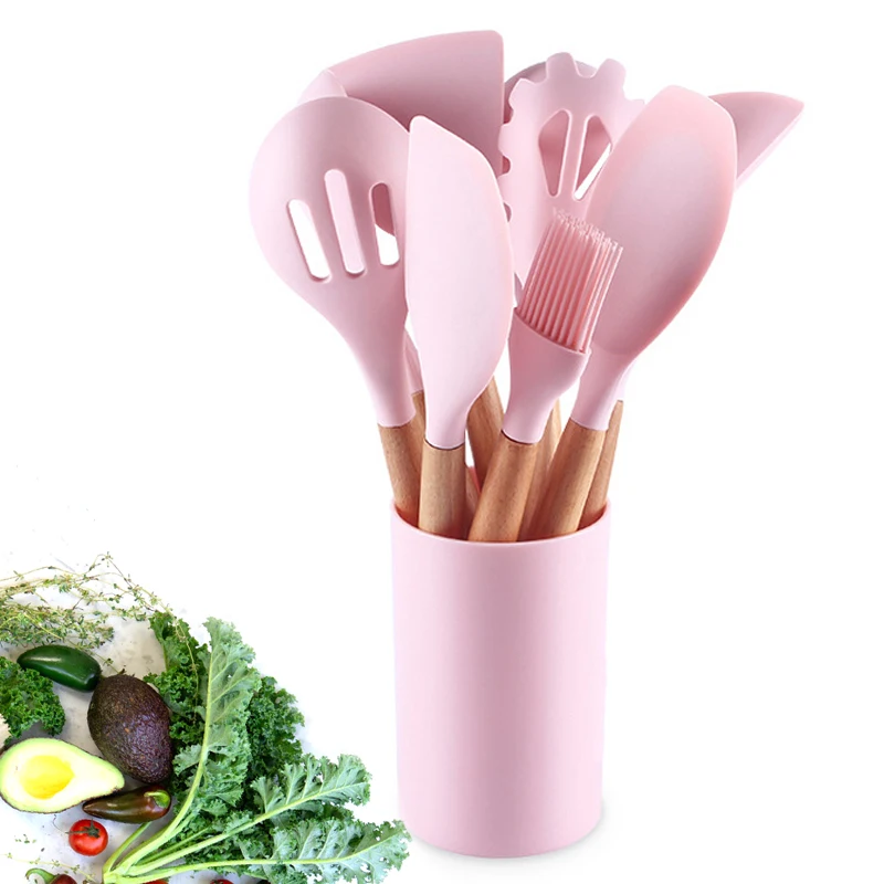 

10-Pcs Silicone Cooking Utensils Kitchen Utensil set - Acacia Wooden Silicone Kitchen Utensils and Holder - Pink