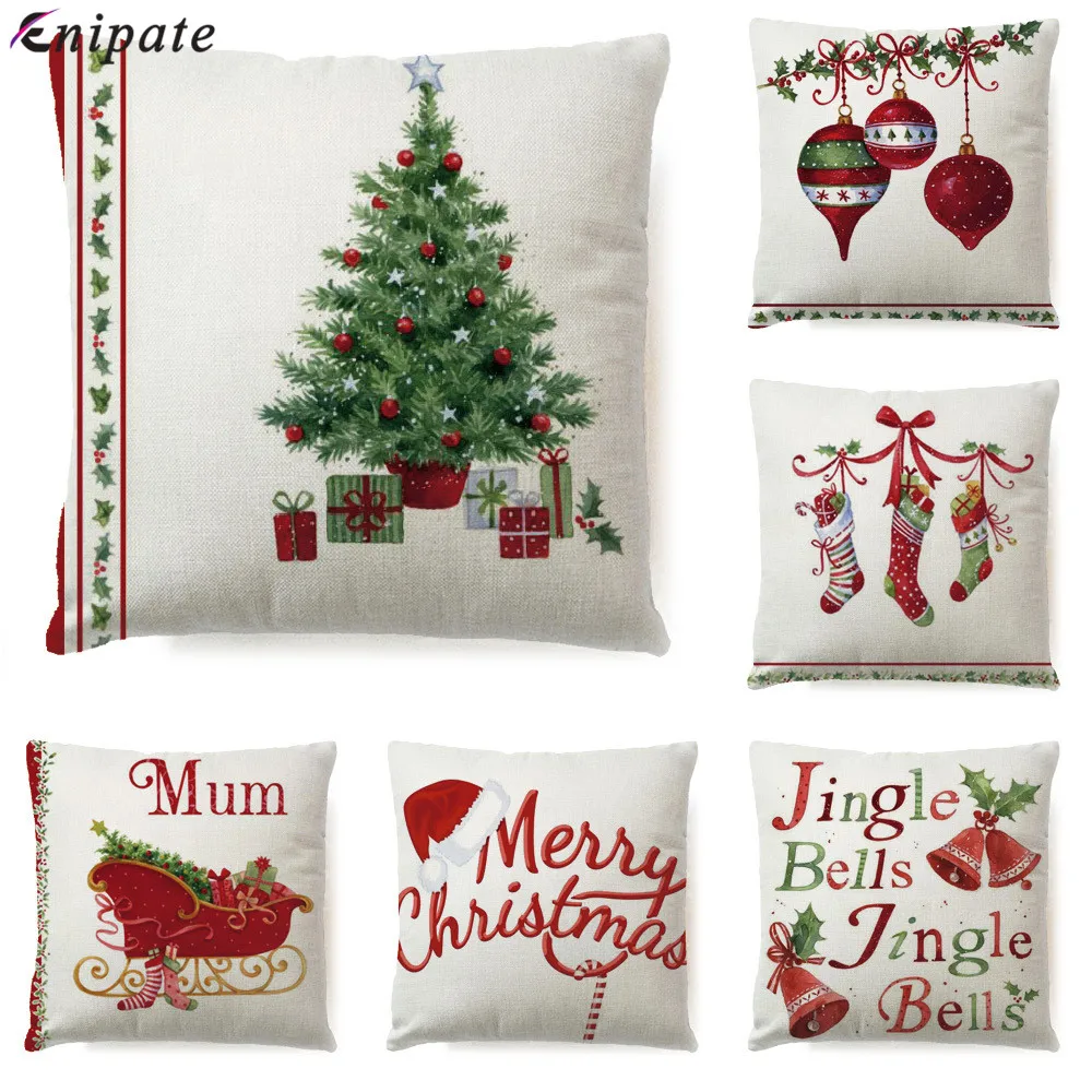

Enipate 2019 Merry Christmas Tree Pillow Case Cotton Linen Xmas Socks Bells Throw Cushion Cover Home Decoration 45*45cm 18inch