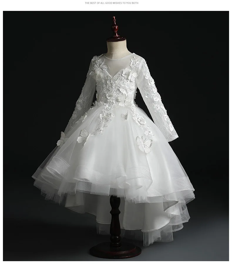 Детское кружевное платье с цветочной аппликацией для девочек; пышные Вечерние платья на свадьбу; бальное платье с длинными рукавами; платье принцессы для выпускного вечера; торжественное платье для девочек