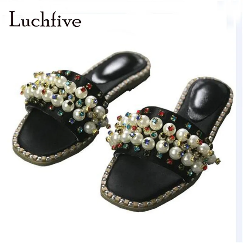 

Summer string beads women slippers fashion rhinestone female shoes comfortable open toe Flat Heels casual slip on Lazy Loafers