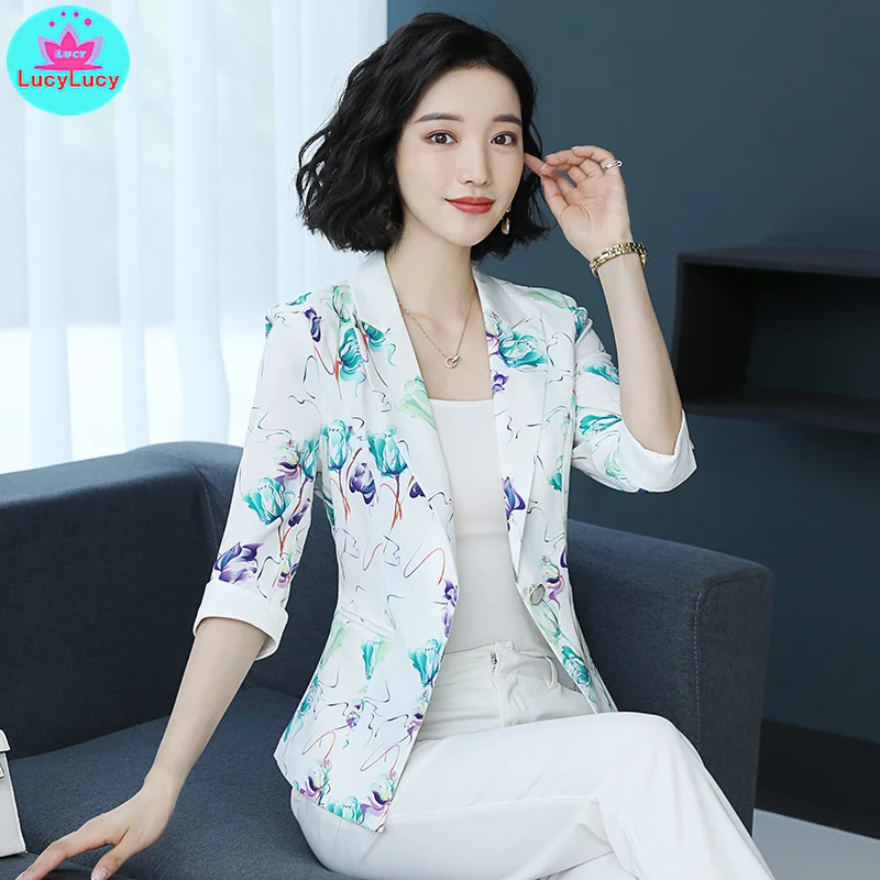 2019 Korean version of the new slim print seven-point sleeve summer small suit jacket