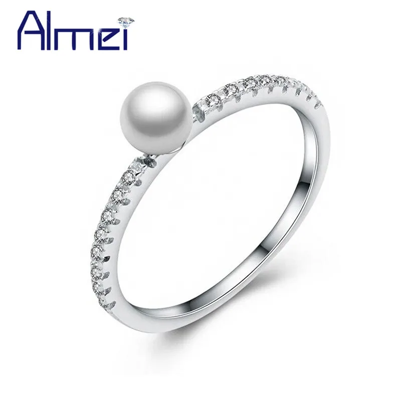 

Almei 925 Sterling Silver Rings For Women Simulated Pearl Ring Female Costume Silver-925-Jewelry Ring with Box 5% Off WE248