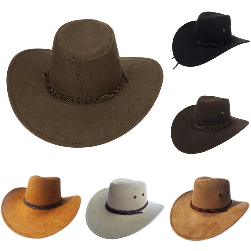 Men's Cowboy Hat Outdoor Flat Brim Artificial Suede Wide Brim Hat ...