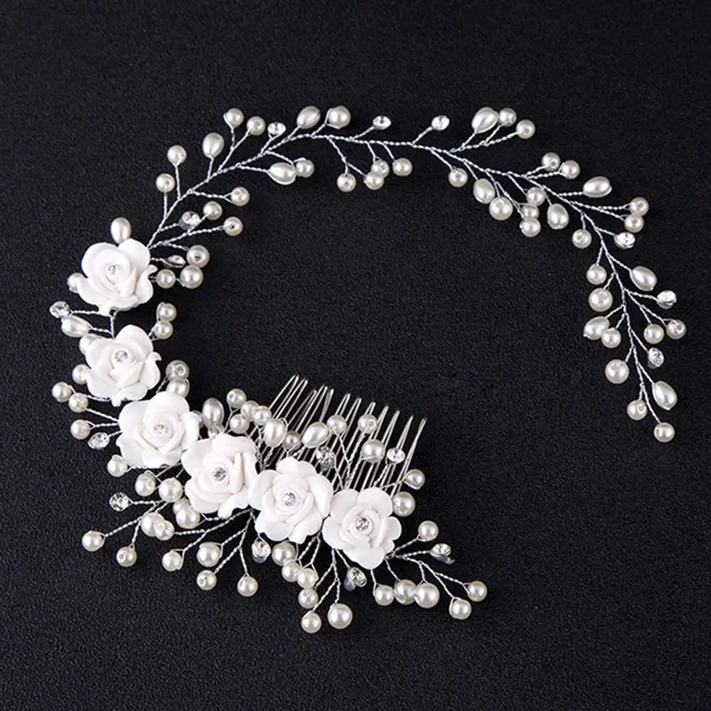

Women Elegant Crystal Pearl Hair Comb White Flower Headband Prom Hair Ornaments Wedding Bridal Fashion Hair Accessories