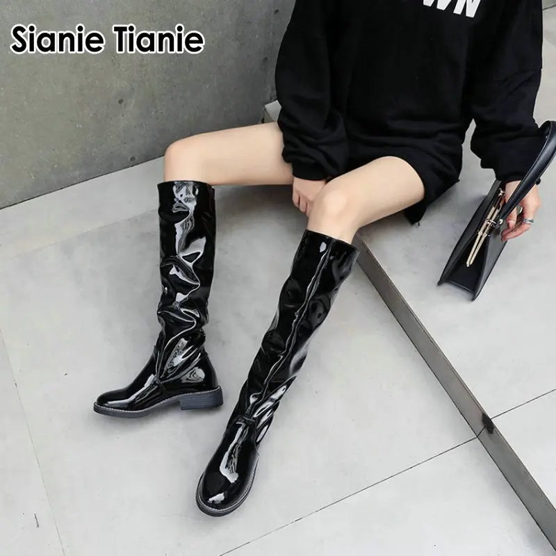 

Sianie Tianie 2019 new patent PU leather round toe chunky low square heeled woman boots pleated knee-high boots plus size 42 43