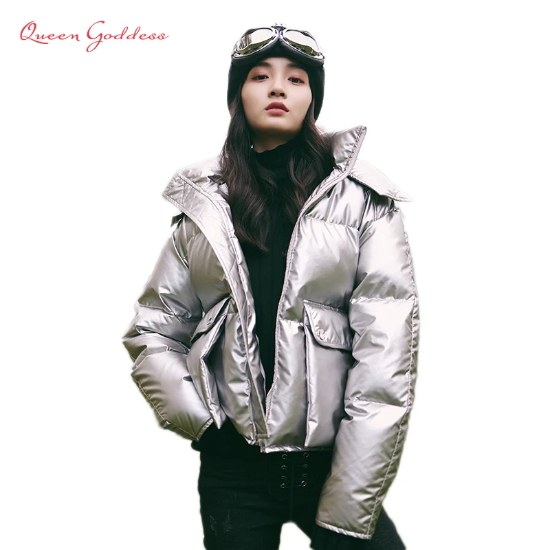 

2018 spring fashion style winter 90% white duck down jacket Metal color thickening outwear with hooded warm winter casual coat