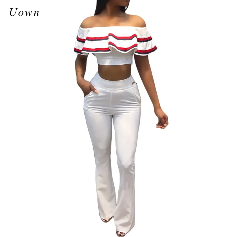 

2018 Fashion 2 Piece Set Women Off the Shoulder Crop Top and Flare Pants Suits Slash Neck Ruffle Sexy Two Piece Sets Outfits