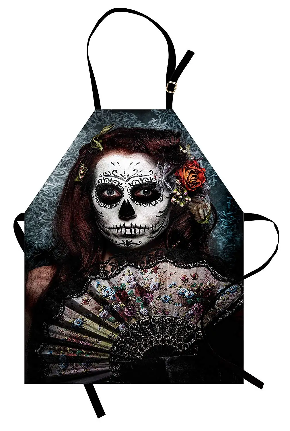 

Day of The Dead Apron Make up Artist Girl with Dead Skull Scary Mask Roses Artwork Women Men Kids Kitchen Pinafore for Cooking