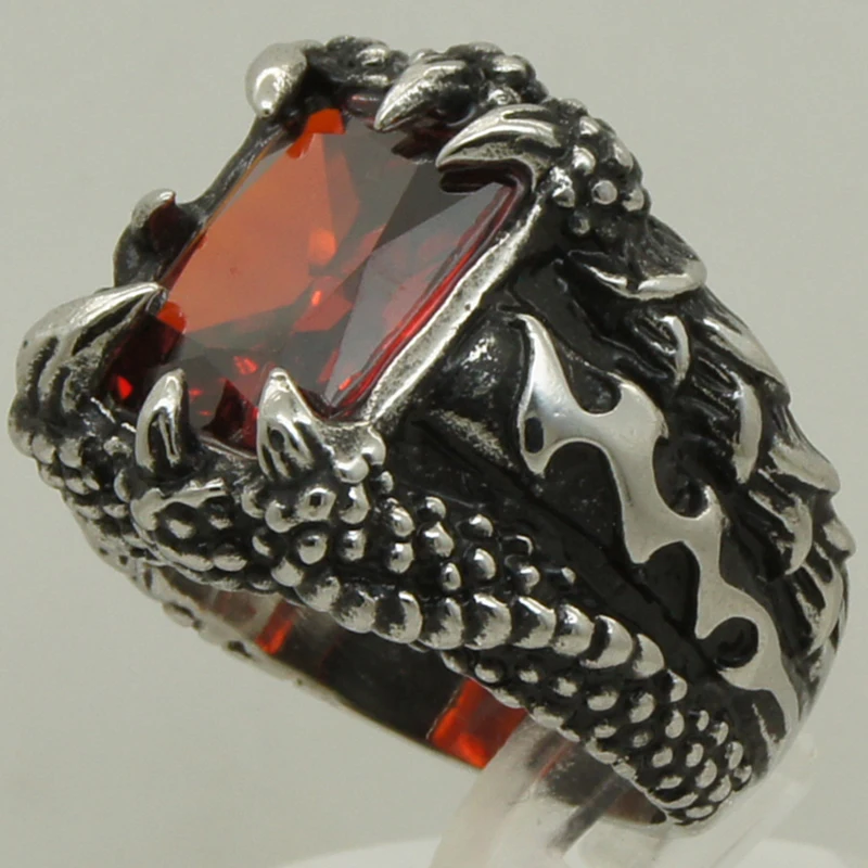 

men/boy vintage dragon claw hold big red cz 316L stainless steel ring