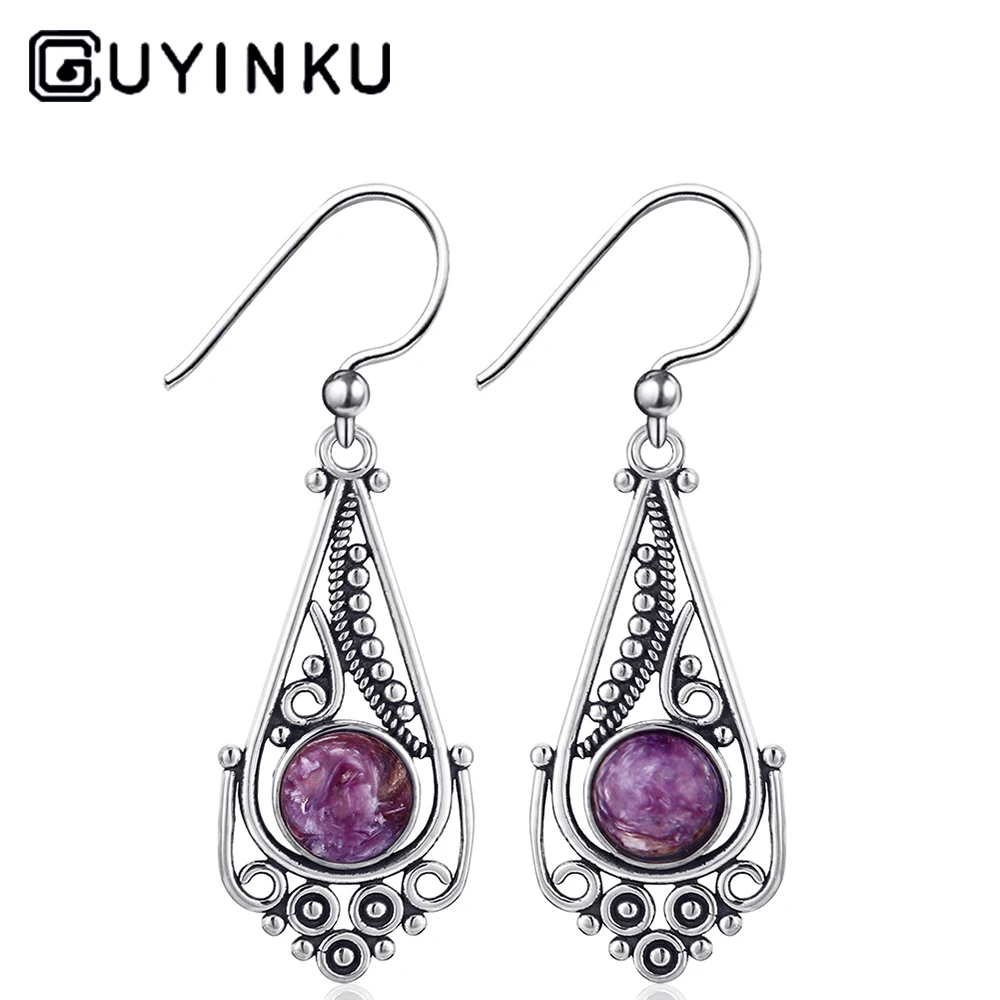 

GUYINKU 925 Sterling SilverJewelry Earrings 7MM Round Natural Purple Dragon Crystal Pendant Korean Style Earrings Ladies Gifts