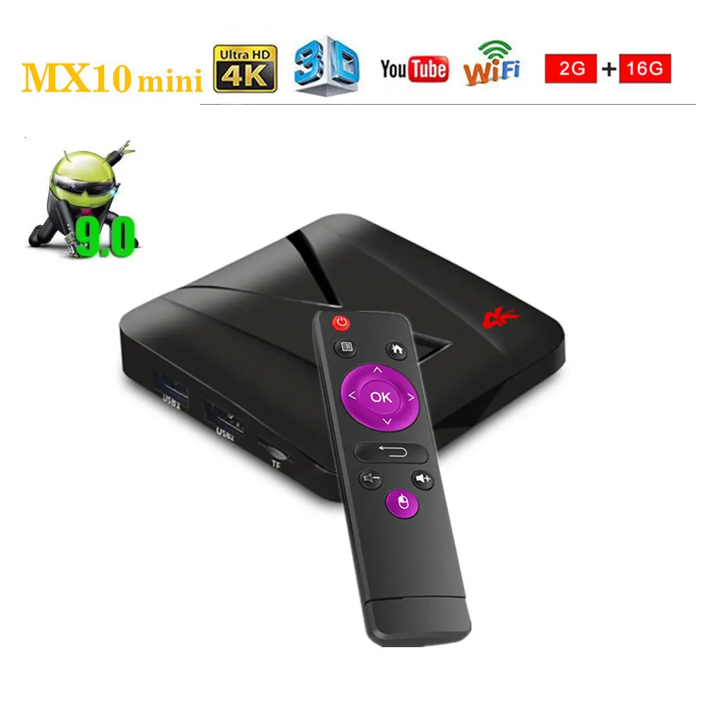 

Replacement For Android 9.0 TV Box MX10 Mini Set-Top Box 2GB+16GB RK3328 Quad Core USB 2.0/3.0 WIFI 4K Internet Media Player