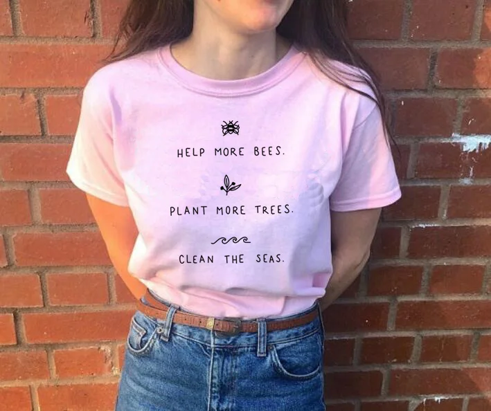 

kuakuayu HJN Help More Bees Plant More Trees Clean The Seas Print T Shirts Short Sleeve Plus Size Tops Causal Cotton Vegan Shirt