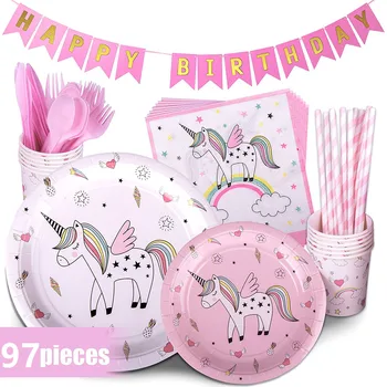 

97pcs/lot Rainbow Cartoon Unicorn Birthday Party Tableware Sets for 12 Disposable Plates Cups Straws Baby Shower Party Supplies
