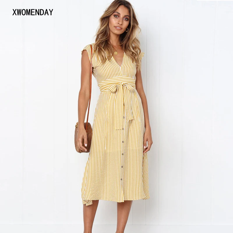 

Women Casual Style Striped Print Beach Dress Elegant V Neck Party Dress With Belt Sundress Vestidos De Fiesta Summer Dress 2019