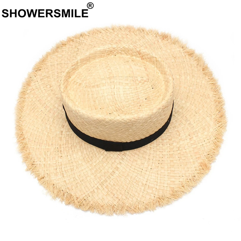 SHOWERSMILE قبعات للحماية من الشمس النساء الرافية قبعة خفيفة من القش المجدول الإناث البيج العلامة التجارية الطاقية واسعة حافة 10 سنتيمتر السيدات ا...