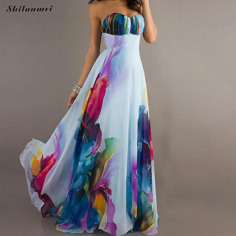 

Boho Vestido Largo New Tallas Grandes Big Size Slash Neck Strapless Floral Beach Dress Chiffon Colorful Long Evening Party Dress