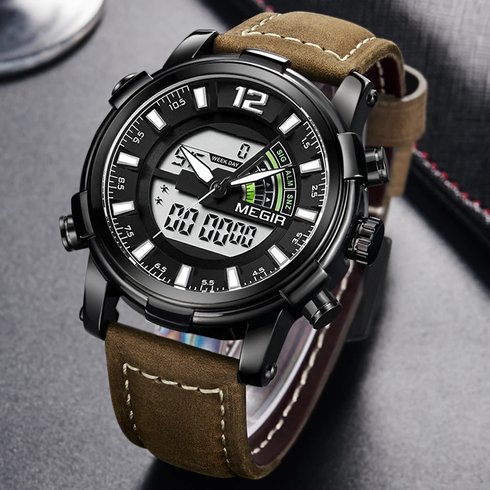 MEGIR Luxury Brand New Mens Watches Top Brand Luxury 2018 Double Display Quartz Digital Sport Watch Men Leather Wristwatch Boys 