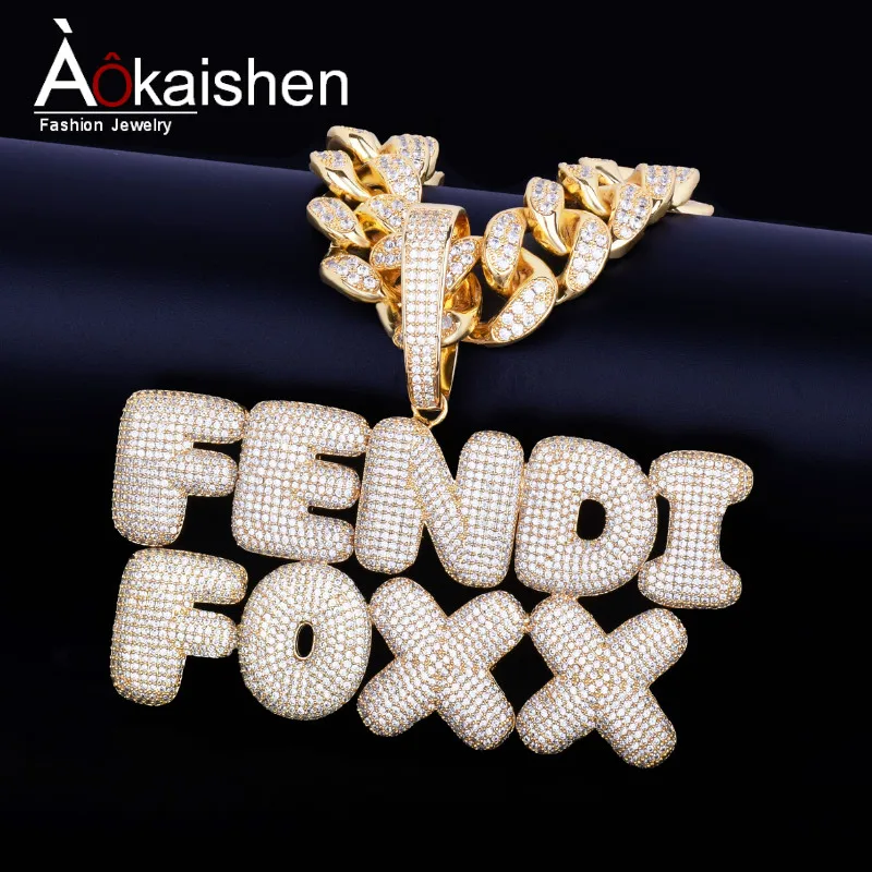 

Custom Name Bubble Letters Pendants Necklaces Men's Zircon Hip Hop Jewelry With 20MM Cuban Chain