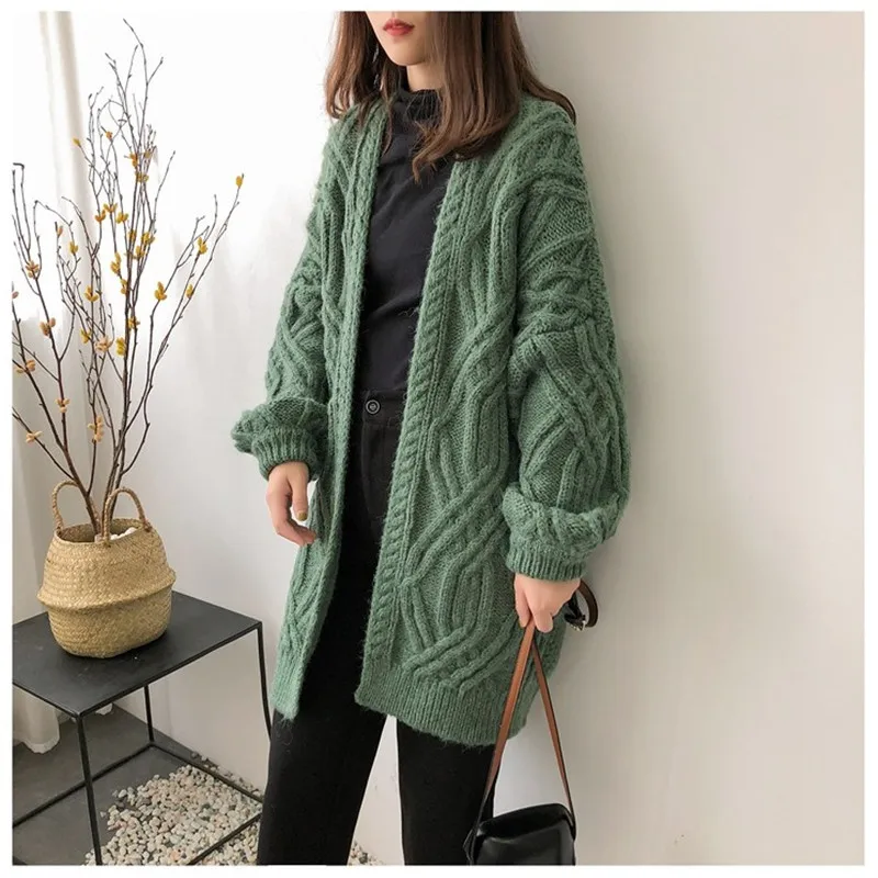 Best Price 2019 Autumn Winter New Fashion Thick Women Long Cardigan Casual Loose Female Knitted Shirts Plus Size Puff Sleeve Open Stitch
