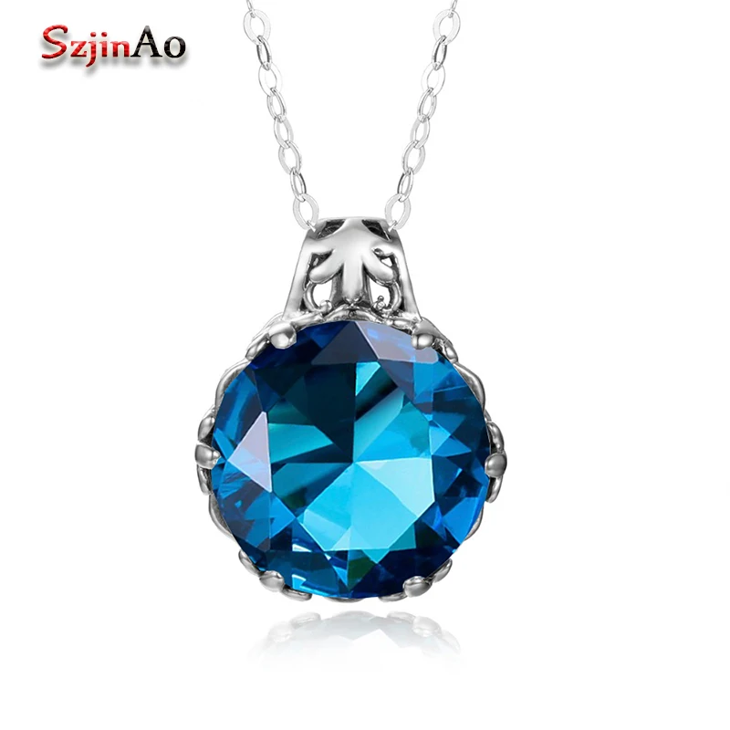 

Szjinao High Quality Bridal Engagement Silver Pendant Ethnic Necklace 1.2CT Round Blue Toapz 925 Sterling Silver Fine Jewelry