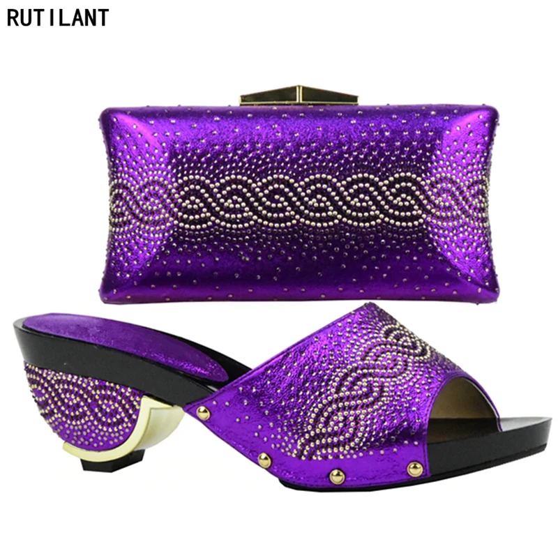 rose Femmes De Partie Mariage Chaussures Et Pu pourpre Ensemble Ciel Sac Décoré argent Assortis Les Sacs or Nigérian Avec Rose Strass Couleur PqZHAA