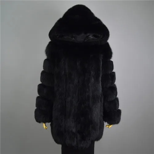 Меховая шуба из лисьего меха, женская зимняя длинная шуба, Толстая теплая натуральная Шуба из лисьего меха, Женская куртка с капюшоном C0060 - Цвет: Black