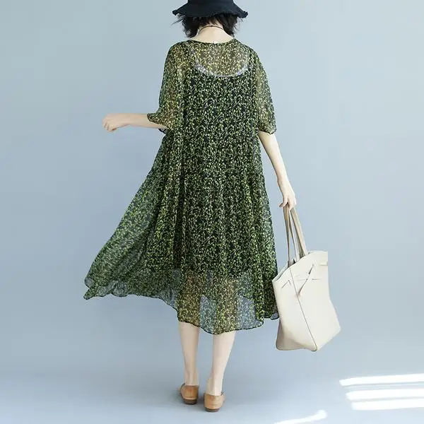 BUYKUD Elegant Summer Dresses Women Green Short Sleeve Round Neck Printed Stripe Black Loose Thin Midi Dress With Black Slip  (6)