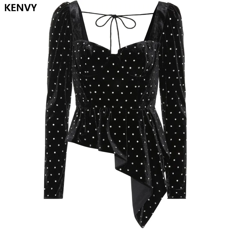 

KENVY Brand fashion Women's High-end luxury winter New sexy Heavy Duty Diamond Velvet Irregular Long-sleeved short Shirt Top