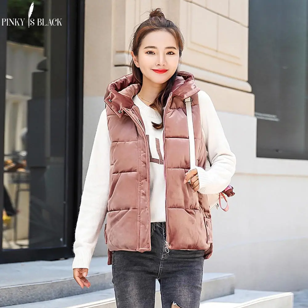 

PinkyIsBlack 2019 Hot selling Autumn Winter Vest Women female thickening vest down cotton slim Girl hooded velvet warm waistcoat