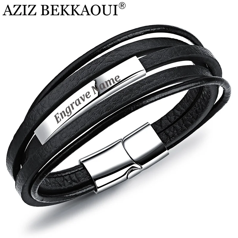 

AZIZ BEKKAOUI Engrave Name Stainless Steel Bracelets Cowhide Bracelet for Men DIY Leather Bracelet Customized Logo Gift
