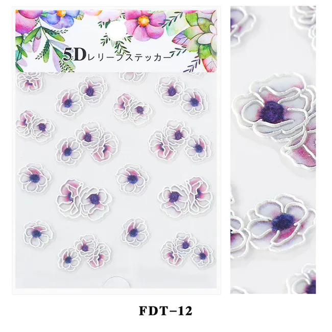 1 шт 5D акриловая Выгравированная цветная белая наклейка для ногтей рельефные наклейки для ногтей с цветами эмаистичные Слайдеры для дизайна ногтей - Цвет: 12