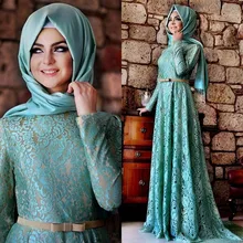 Kaftan Dubai Lace Blue Evening Dress With Long Sleeves 2016 Arabic Muslim Hijab Longos Vestidos Prom Party Gowns