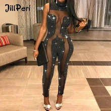 JillPeri Women Sexy Sleeveless See Through Bodycon Jumpsuit Luxury Diamond Crystal Shinny Mesh Patchwork Long Club Wear Jumpsuit