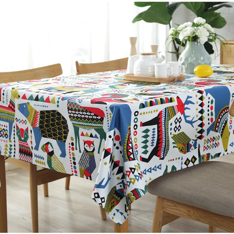 

Cartoon Christmas Tablecloth Elk Animal Printed Table Cloth Cotton Kitchen Dining Table Cover Kids Room Table Party Decorative