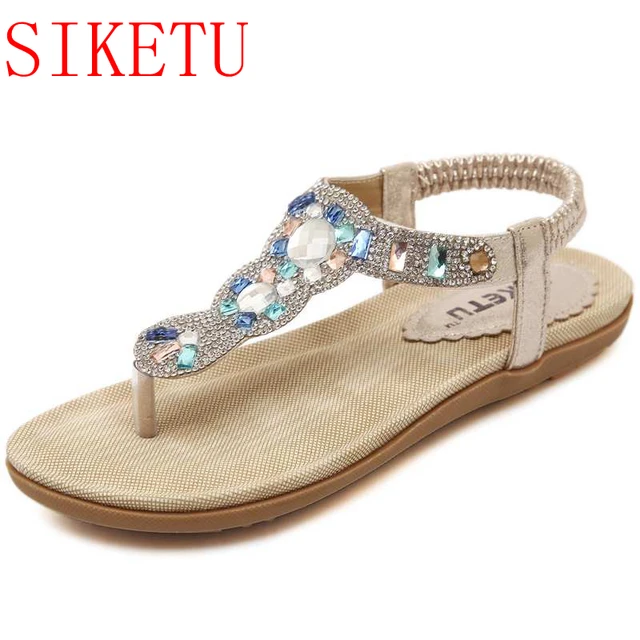 Siketu Bling Rhinestones Women Wedding Sandals Tong Shoes Elastic Siketu Bling Rhinestones Women Wedding Sandals Tong Shoes Elastic Band Silver Flat Heel 383