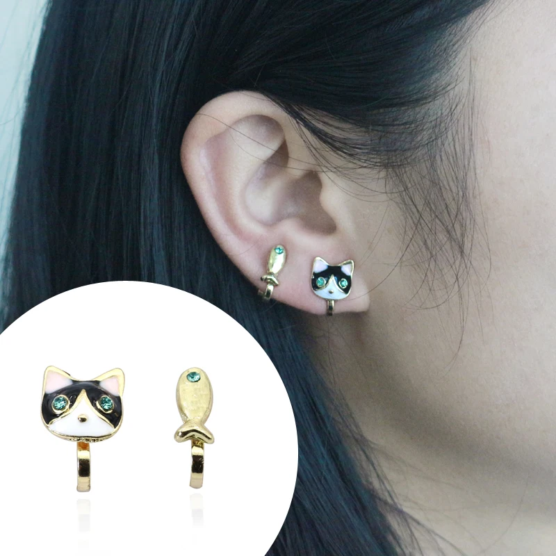 

Cute Cat Fish Earrings Asymmetric Crystal Animal Charm Earrings For Women Ear Cuff Clip On Earrings For Kids Boucle D'oreille