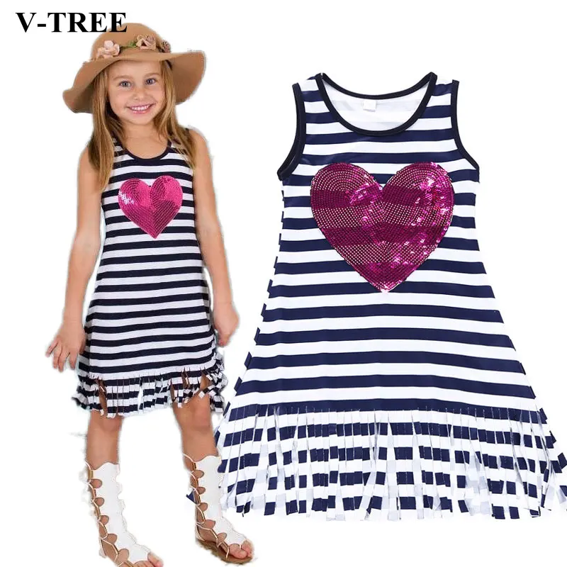 

V-TREE 2018 Summer Girls Dress Sleeveless Sequined Dresses For Girls Stripes Children Costume Princess Kids Clothes