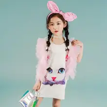 Сетчатое платье в стиле пэчворк с рисунком для маленьких девочек; новое милое летнее платье с котом для детей; детская одежда; детское платье принцессы; ws726