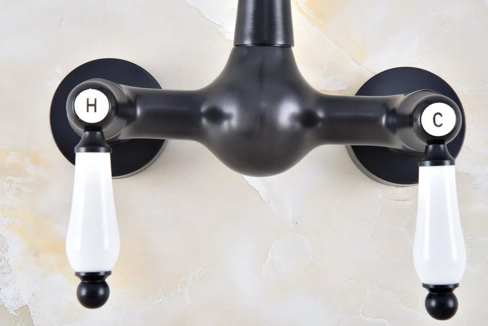 Black Oil Rubbed Bronze Wall Mounted Bathroom Kitchen Sink Faucet Swivel Spout Mixer Tap Dual Ceramics Handles Levers anf856